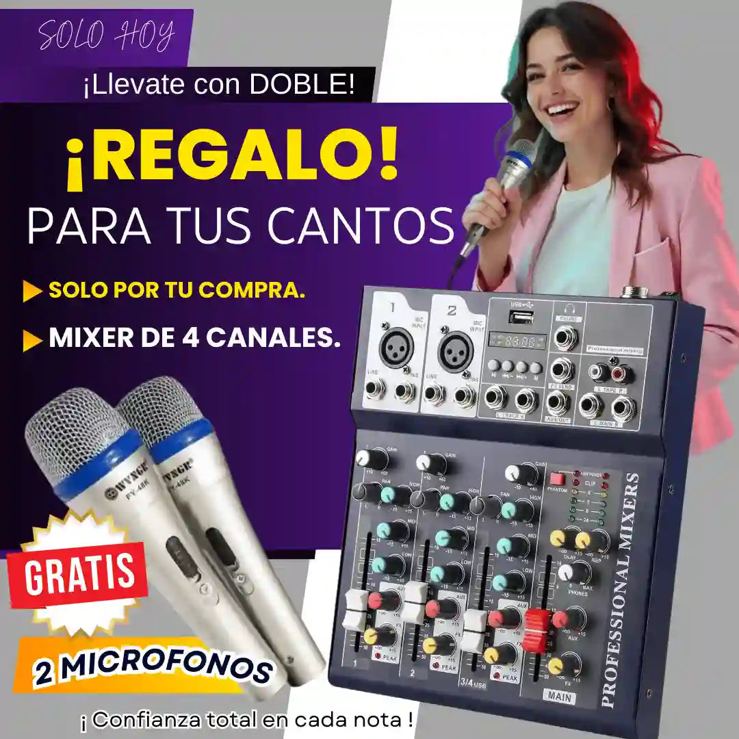 MIXER PARA CANTO DE 4 CANALES + 2 MICROS GRATIS T-V