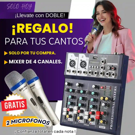 MIXER PARA CANTO DE 4 CANALES + 2 MICROS GRATIS T-V